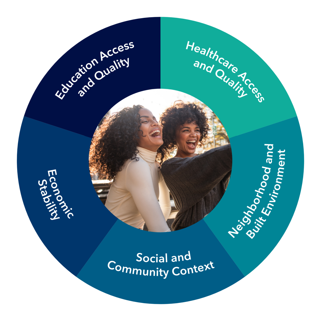 Social Determinants of Health: Education Access and Quality, Healthcare Access and Quality, Neighborhood and Built Environment, Social and Community Context, and Economic Stability.